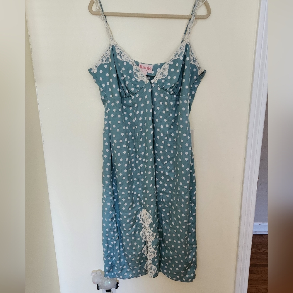 Rouje Paris Ramonata Teal Polka Dot Lace Chemise Slip Dress 12 - Picture 3 of 9